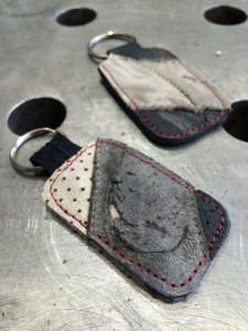Recycled Leather key fobs made from motorcycle racing leathers