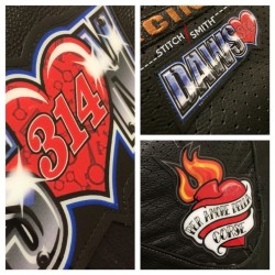Subsurface printed vinyl patches on leather suit