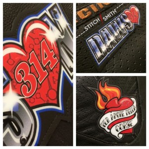 Full-colour subsurface printed vinyl patches on leather suit