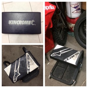 Collage showing workshop roller stool recovered with black and white Alpinestar leathers in a garage.