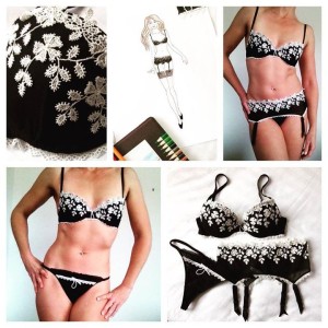 Collage showing concept to completion of this three-piece Lingerie set in black stretch tulle and ivory lace