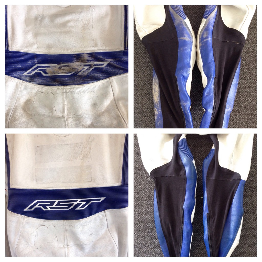 Before and after shot of RST racesuit. Before showing how scuffed up these leathers were and then after, they almost look like new again.