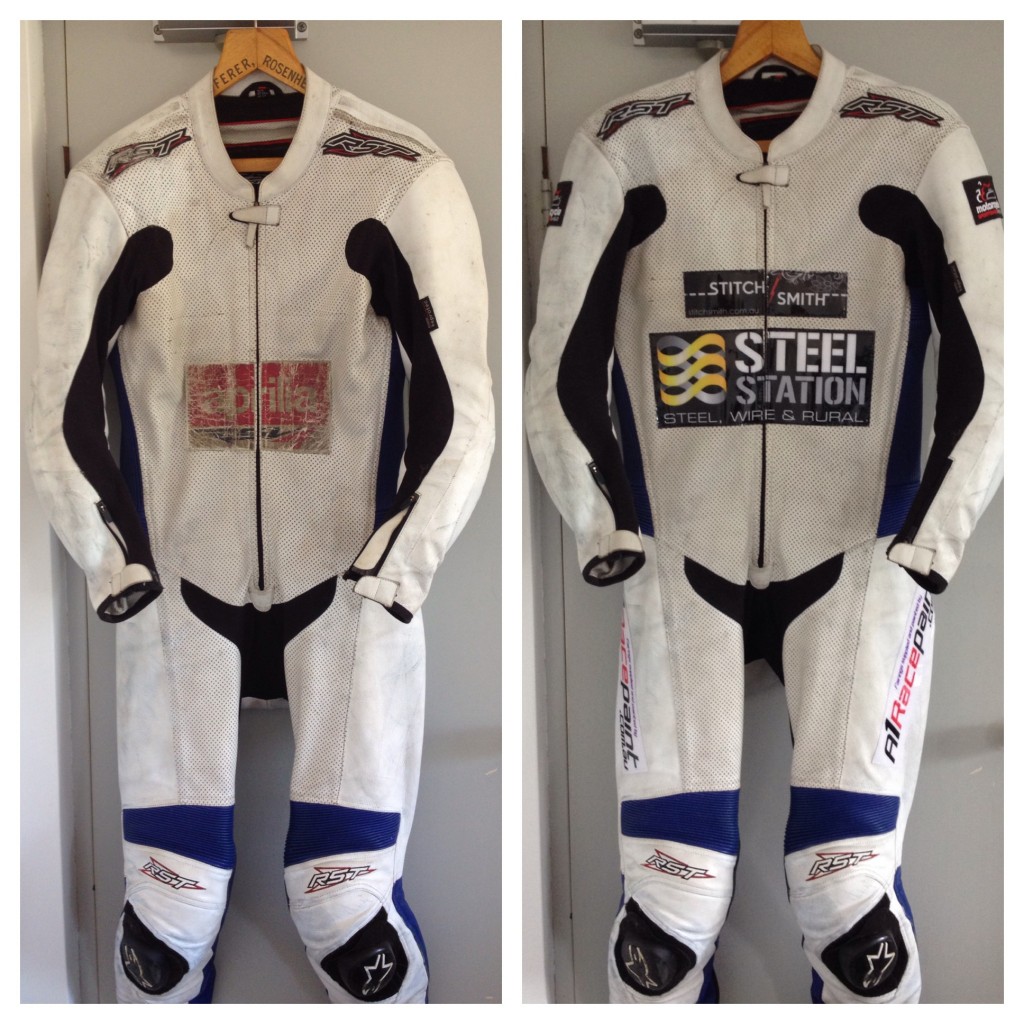 RST race suit before and after. The old patches were removed and replaced with new sponsor logos.