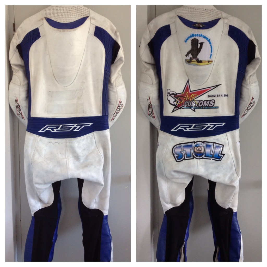 Back shot of RST race suit before and after. The old patches were removed and new sponsor patches added. 