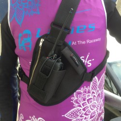 Close up of our radio holster worn by one of the coaches at Morgan Park Raceway.