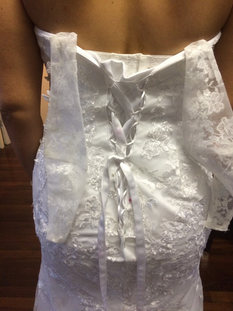 Before shot of bridal gown alteration.
