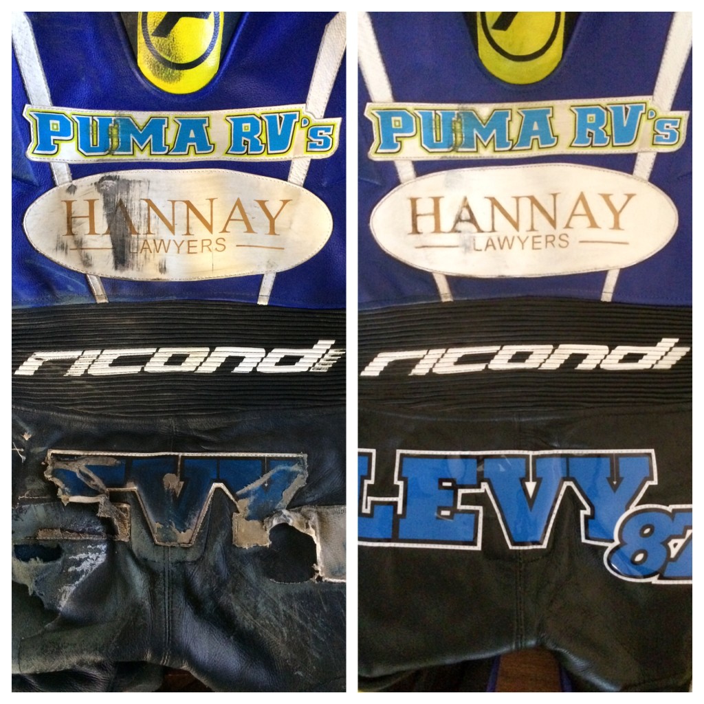 Before and after, repairs on a Ricondi race suit.