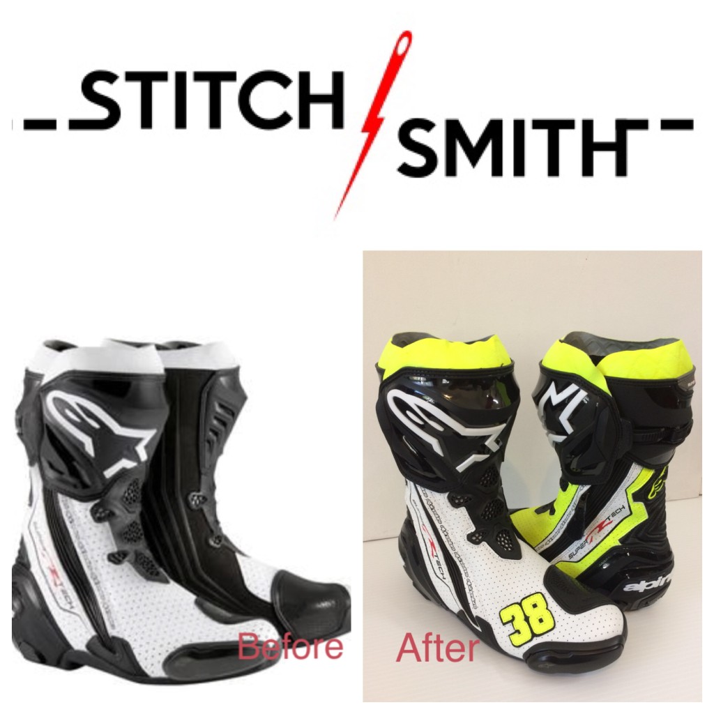 Before and after of Alpinestar boots, painted to match a new set of leathers.